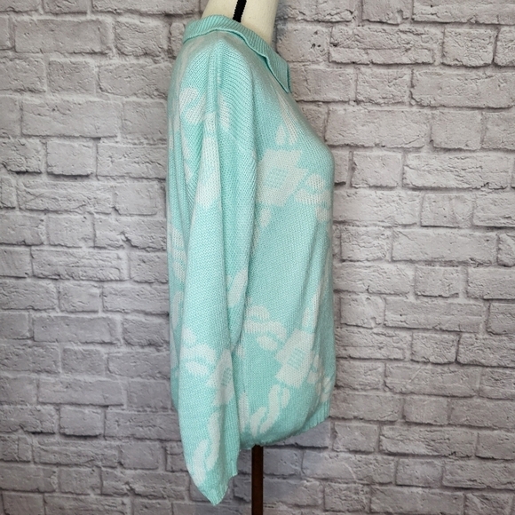 Domani Vintage Sweater Aqua White Grannycore Kawaii Collared Braid Pattern - Picture 7 of 8